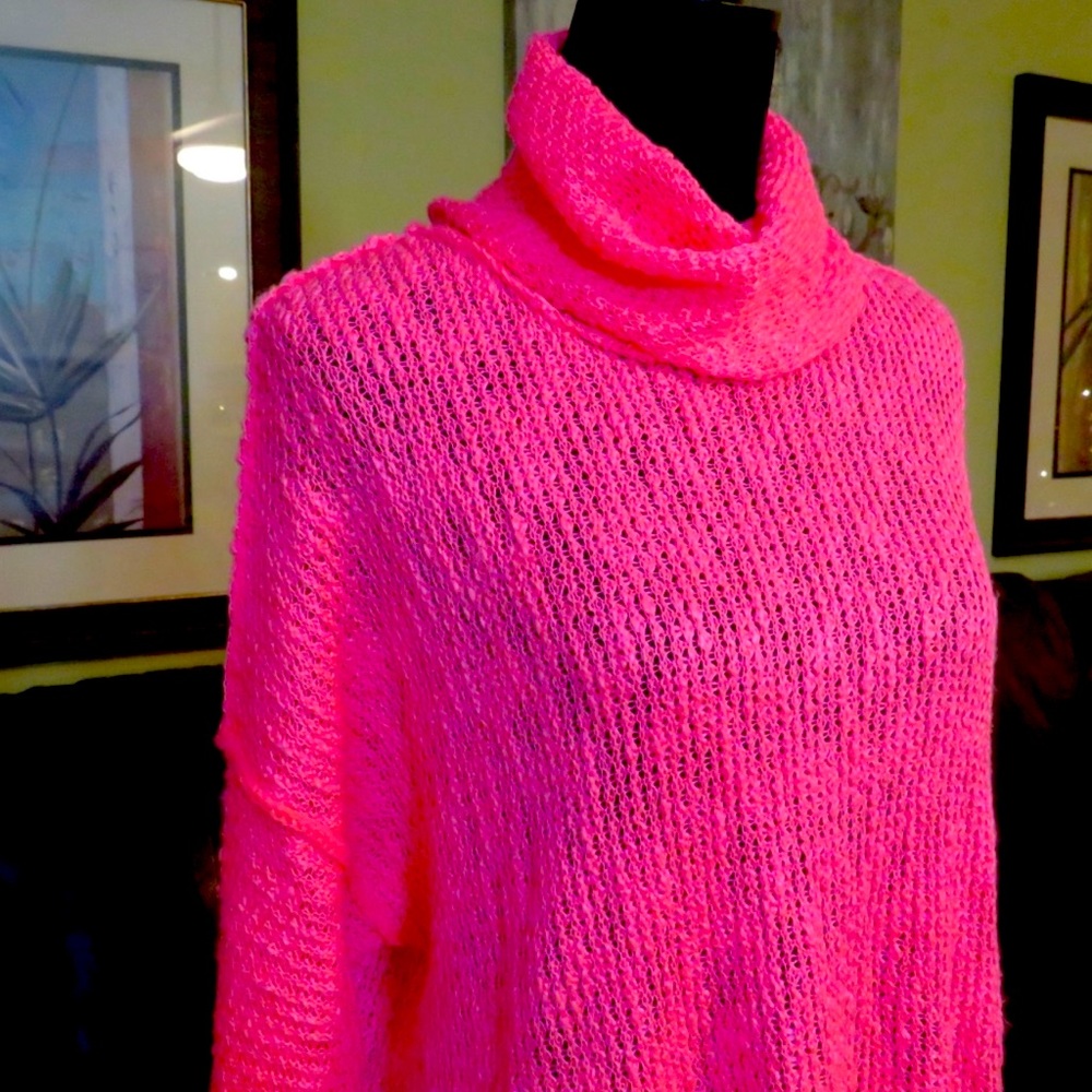 ALTAR’D STATE Hot Pink Long Sleeve Open Knit Turtleneck Sweater S NWOT